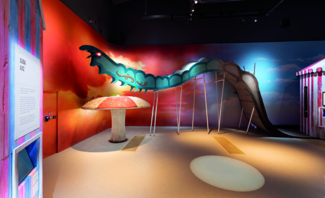 Alice Curiouser and Curiouser at V&A Museum, London. Installation image featuring the caterpillar from Alice In Wonderland.