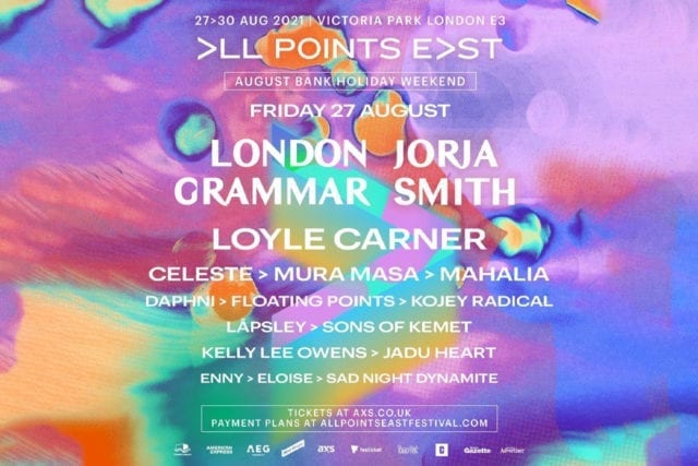 All Points East festival lineup poster featuring London Grammar, Jorja Smith, Loyle Carner and more.