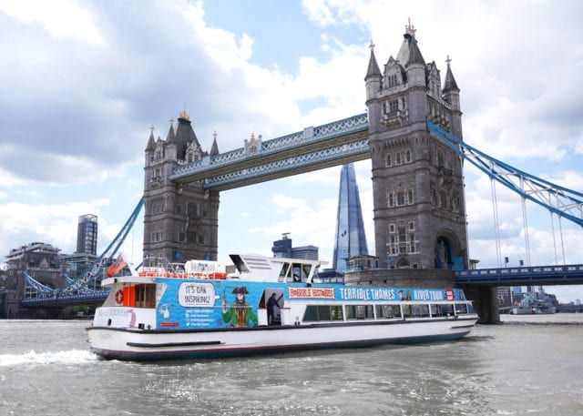 Horrible Histories Terrible Thames in front of Tower Bridge, London, and the Shard