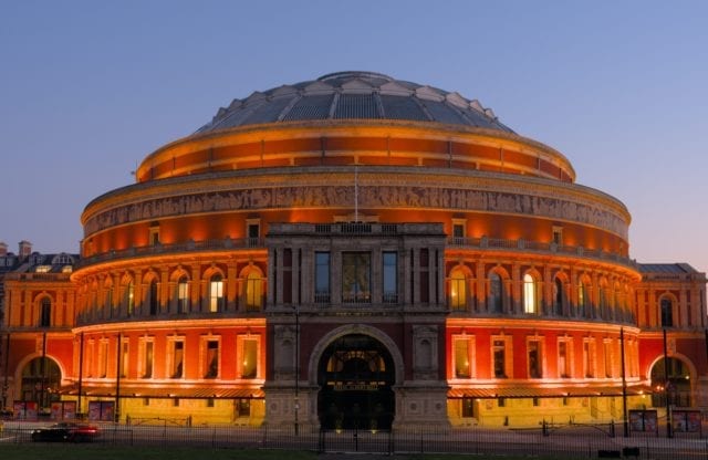 Royal Albert Hall illuminated at dusk