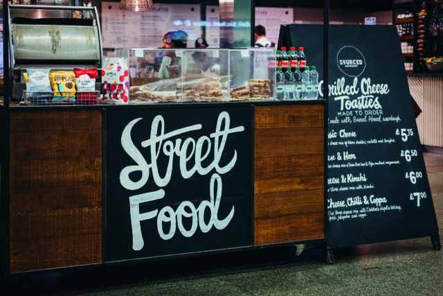 Street food stall inside St. Pancras station, one of the largest railway stations in London and home to Eurostar.