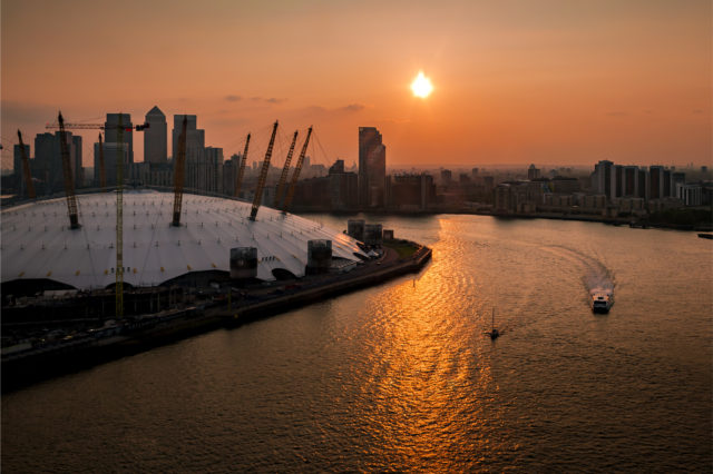 View of the O2 and the River Thames at sunset