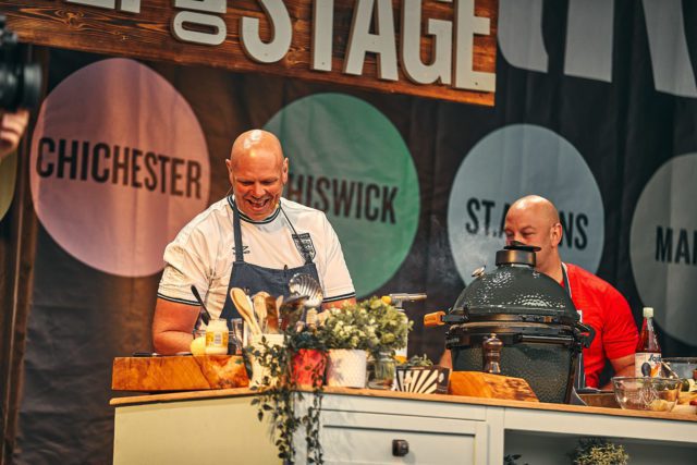 Tom Kerridge cooking demonstration opening night of Pub in the Park Festival Tour.