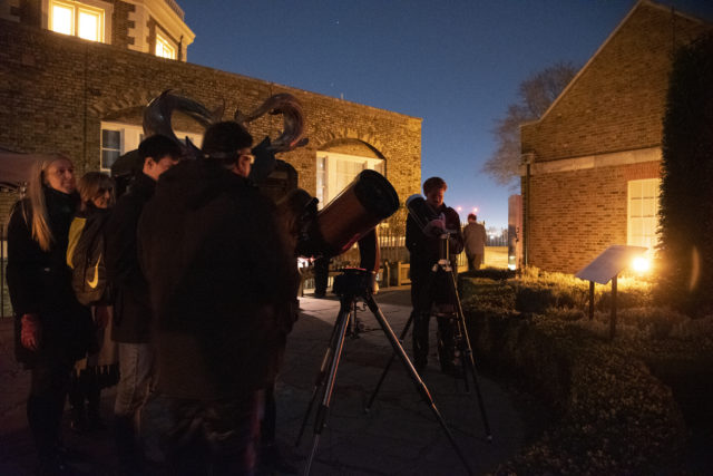 Event; A Valentines Evening Under the Stars at the Royal Observatory Greenwich: astronomers and guests enjoy looking at the moon and stars through the great equatorial telescope under the onion dome; and through telecopes in the astronomy garden besides F