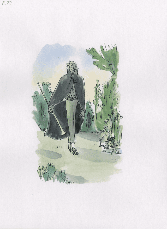 The BFG in Buckingham Palace Garden from The BFG colour edition, Puffin Books 2015 © Quentin Blake