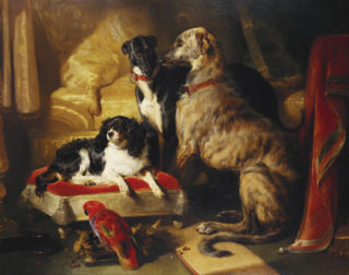Edwin Landseer, Hector, Nero and Dash with the Parrot Lory, 1838 © Royal Collection Trust / His Majesty King Charles III 2022