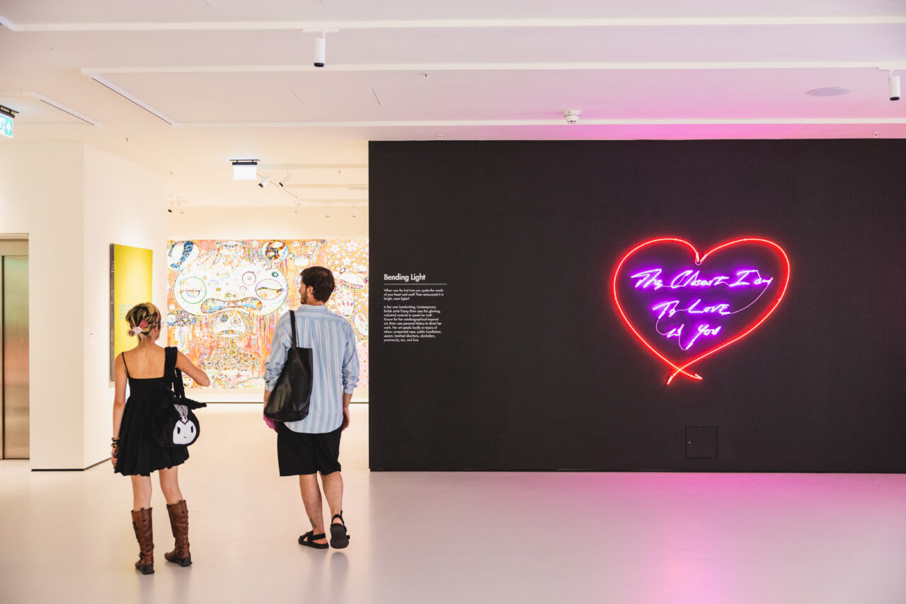 Tracey Emin's neon artworks welcome you to the first floor