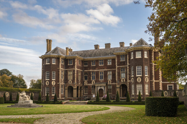 North front facade of the mansion at Ham House and Garden in Richmond.