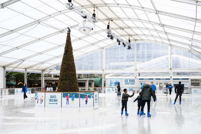 A family are pictured skating on the Canary Wharf Ice Rink. The rink has a domed transparent roof for all-weather skating, and a tall Christmas tree is visible in the centre of the ice.