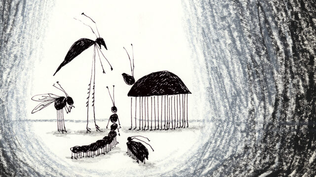 The World of Tim Burton has opened at The Design Museum. Artworks on display include this black and white illustration of bugs crowded in a silhouetted huddle, seemingly talking.