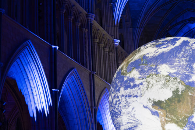 Gaia by Luke Jerram is pictured at Southwark Cathedral. The installation is a large recreation of Earth, created using NASA imagery, which is suspended inside the Cathedral. 