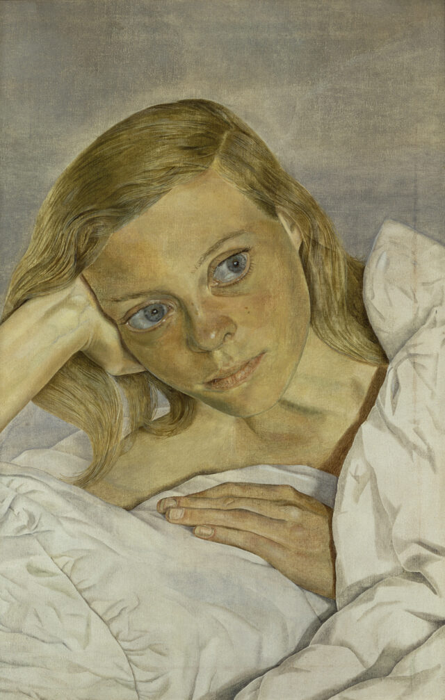 Lucian Freud: Drawing into Painting 12 February – 4 May 2026 Press Images Girl in Bed , 1952, Lucian Freud, Oil on canvas, © The Lucian Freud Archive. All Rights Reserved 2025 / Bridgeman Images. Photo © National Portrait Gallery, London. Lent by a private collection, courtesy of Ordovas, 2014