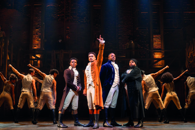 HAMILTON. Jordan Benjamin (John Laurens), Alex Sawyer (Alexander Hamilton), Yeukayi Ushe (Marquis De Lafayette), Jordan Castle (Hercules Mulligan) and Company. Photo Danny Kaan